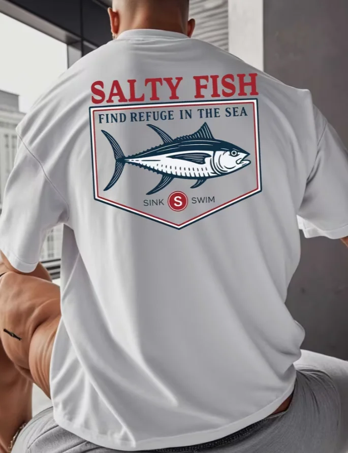 SALTY FISH Men's Fishing T-Shirt with Mackerel & Tuna Print Loose-Fit Short Sleeve Shirt Saltwater Anglers and Casual Attire