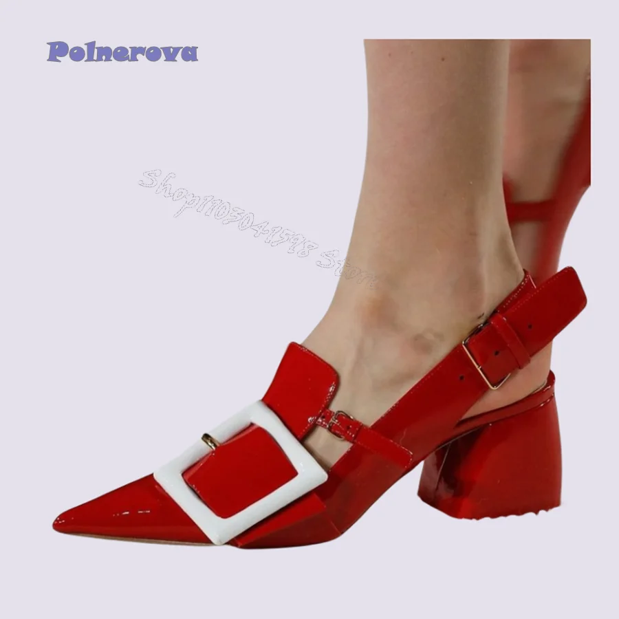 

Sexy Red Patent Leather Pumps Pointed Toe Square Buckle High Heel Shoes Party Thick Heel Women Shoes2024 New Zapatos Para Mujere