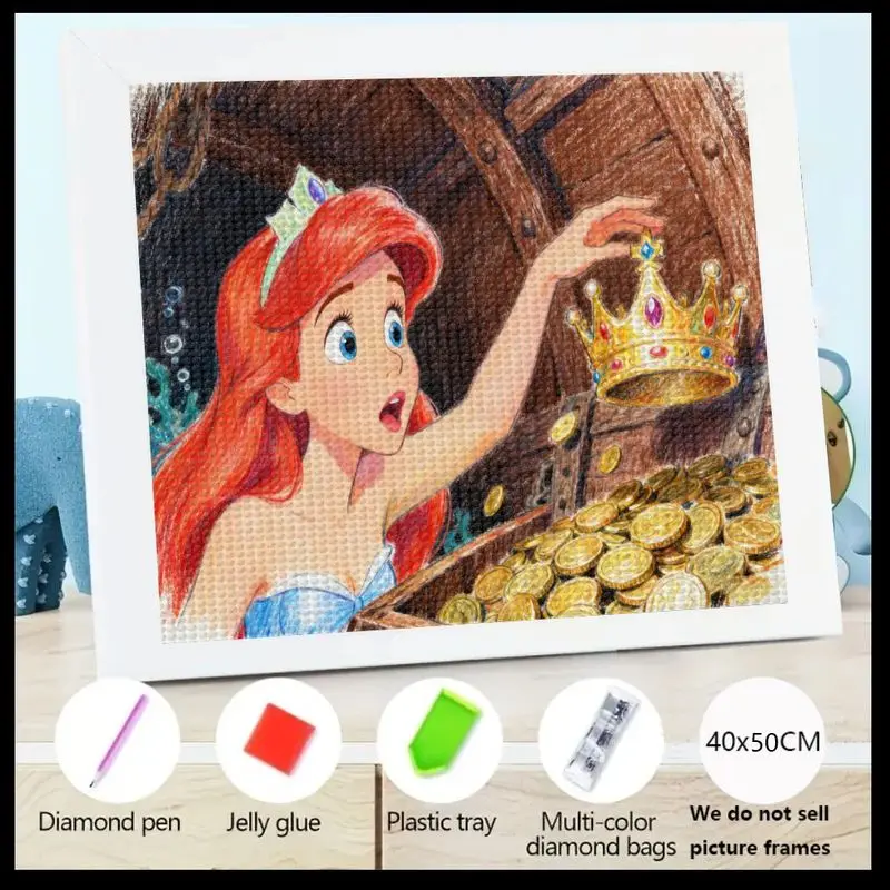 

1PC 5D DIY Full Drill Diamond Painting Kit, Ariel The Little Mermaid Princess Discovering Hidden Treasure Chest with Sparkling G