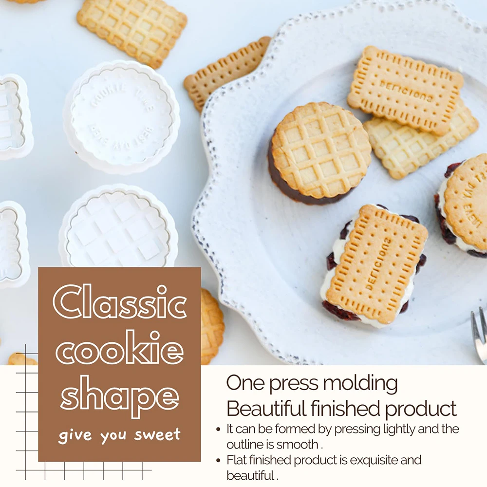 4Pcs Cookie Stamps 3D Biscuit Press Mold Square Cookie Cutter with Plunger Stamp DIY Cake Decoration Mould Baking Accessories