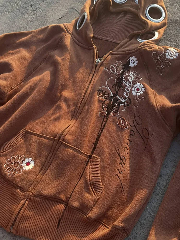 

Unisex Vintage Cherry Blossom Embroidered Zip Up Hoodie Streetwear Loose Fit Sports Jacket