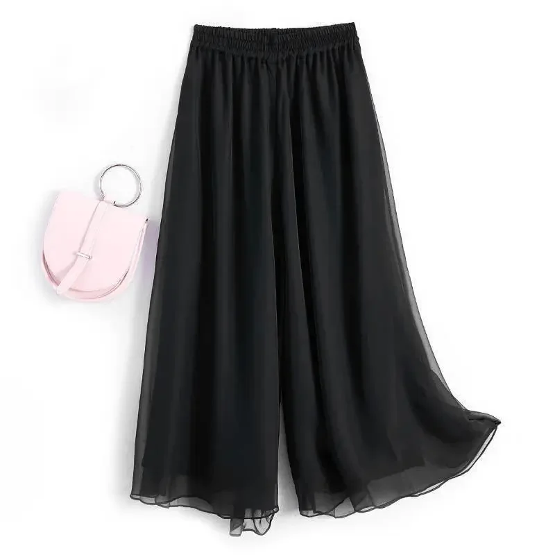 2024 Summer Autumn New Style Double Layer Bell Bottoms Black Chiffon Loose Fit High Waist Casual Trousers Cropped Pants For Wome