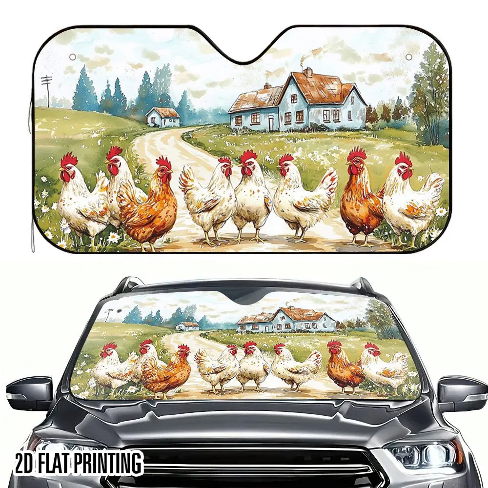 1pc Rural Chicken Flock Stroll Print Car Sunshade - Stylish Countryside Design, 4 Suction Cups for Easy Installation, Foldable