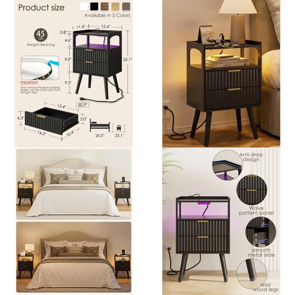 

Contemporary 2-Drawer Nightstand with Charging Station & LED Lighting for Bedrooms and Living Spaces