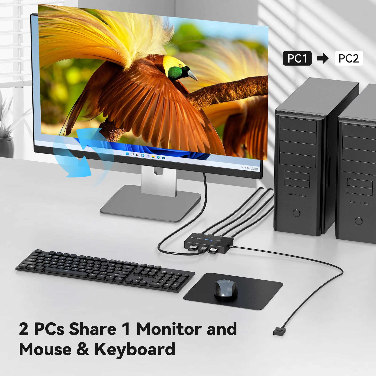 Conmutador KVM HDMI 4K @ 60Hz, 1 Monitor, 2 ordenadores para compartir teclado, ratón, concentrador USB, Plug and Play, compatible con Windows, Mac, Linux, sin alimentación