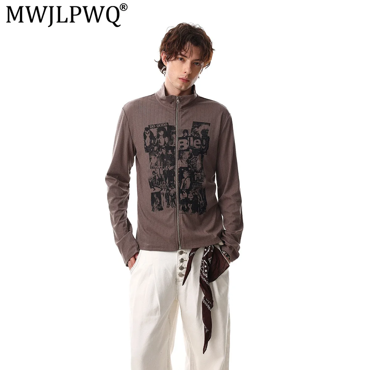 MWJLPWQ American-Style Punk T-Shirt Korean-Style Niche Unique Tee Zip-Up Base Layer Slimming Stand Collar Tops 2026 Tide 21345