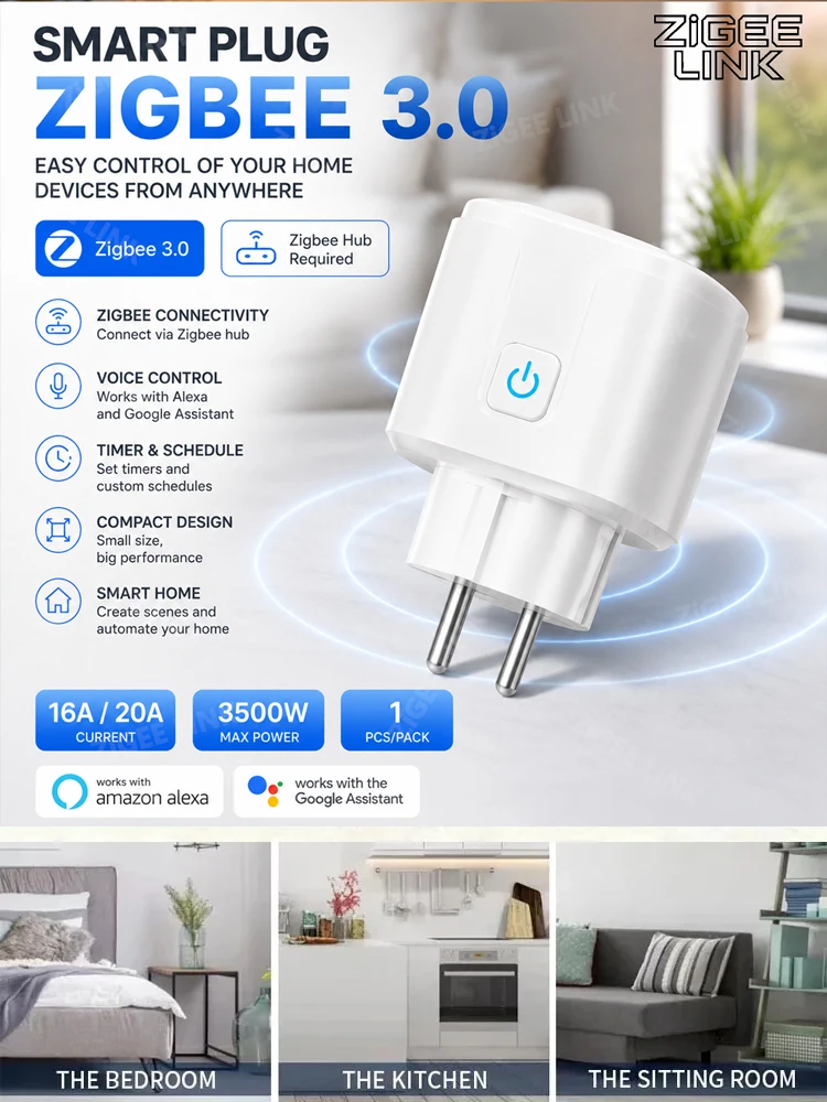 Inteligentna wtyczka WiFi lub Zigbee 3.0 EU z funkcją monitorowania energii, bezprzewodowym zdalnym sterowaniem, programowaniem czasowym i sterowaniem głosowym do urządzeń domowych. — 2