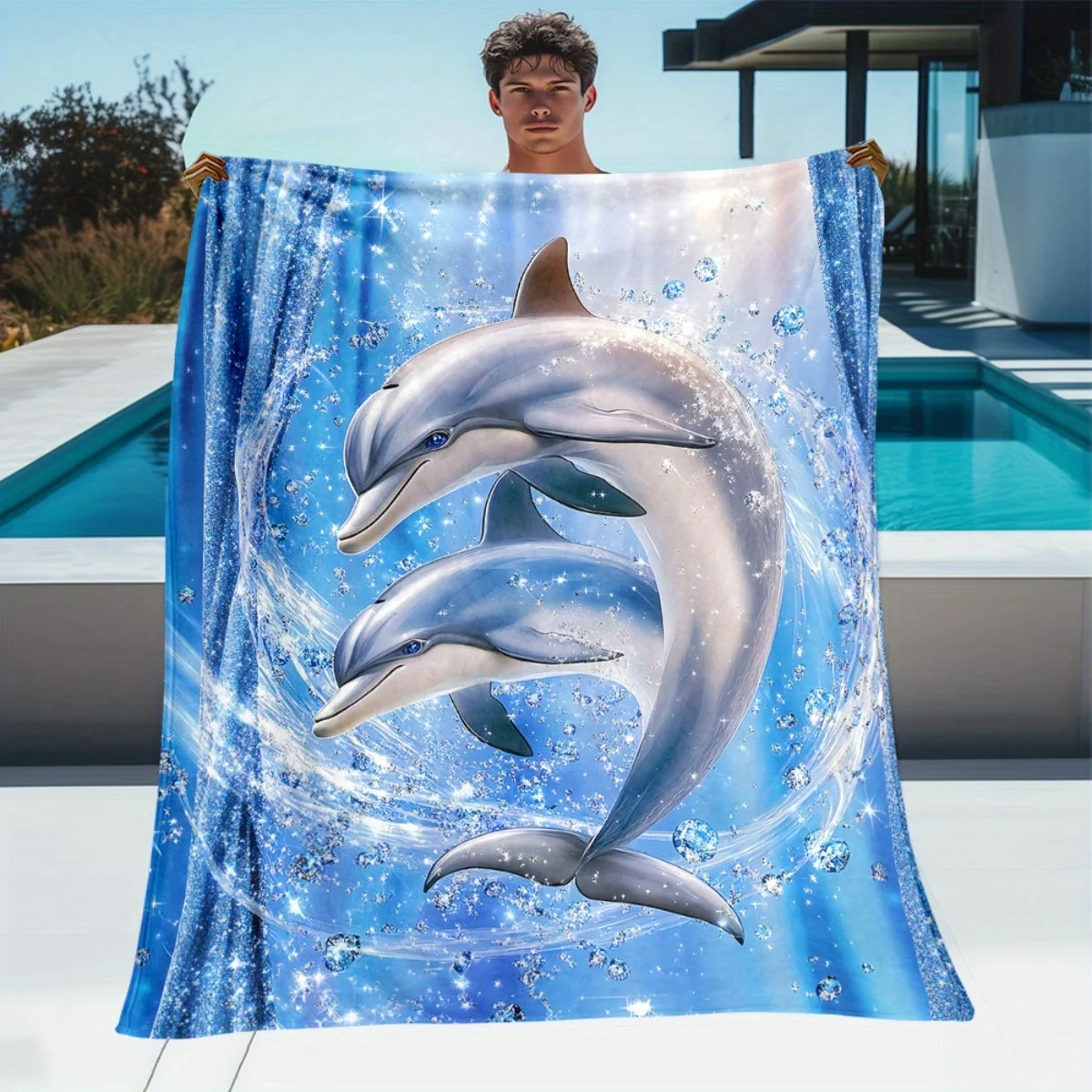 Custom Dolphin Blanket Ocean Wave Sparkle Design Personalized Name Fleece Throw All Season Soft Warm Bedding Home Decor Gift