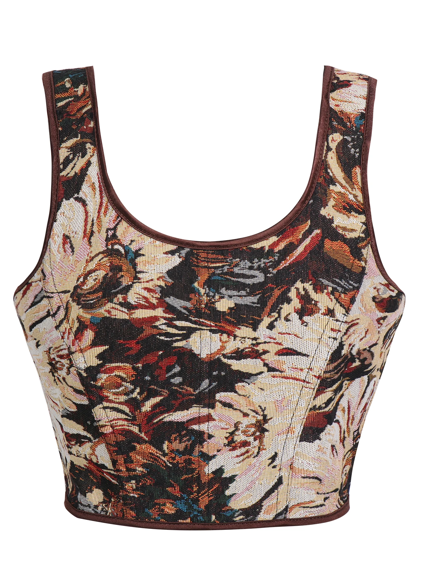 Women's Square Neck Corset With Adjustable Ribbon Tie Straps Vintage Dark Floral Tapestry Jacquard Front Lace Up Closure