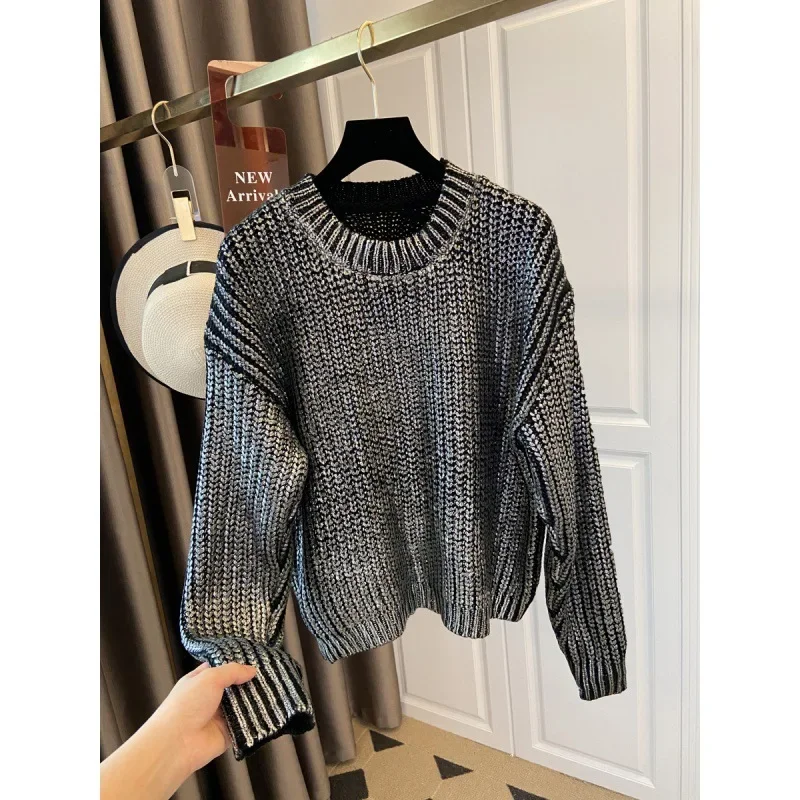 2024 Autumn/Winter Thirteen-Row Gold-Embellished Thickened Medium-Length Loose-Fit Pink Sweater Crew-Neck Pullover