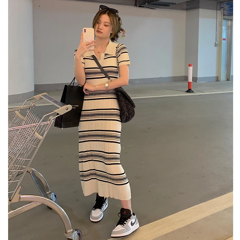 

Women's Dresses Striped Knit Long Dress Short Sleeve Lapel Maxi Dresses Summer Fashion