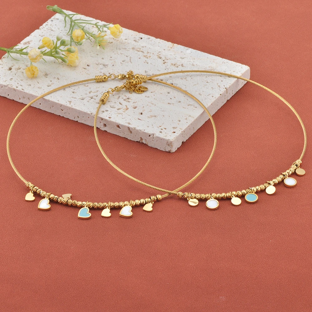 JeeMango الأزرق شل الحب القلب حبة الفولاذ المقاوم للصدأ المرأة المختنقون قلادة PVD مطلي متعدد نمط خاتم هدايا مجوهرات أنيقة N25173