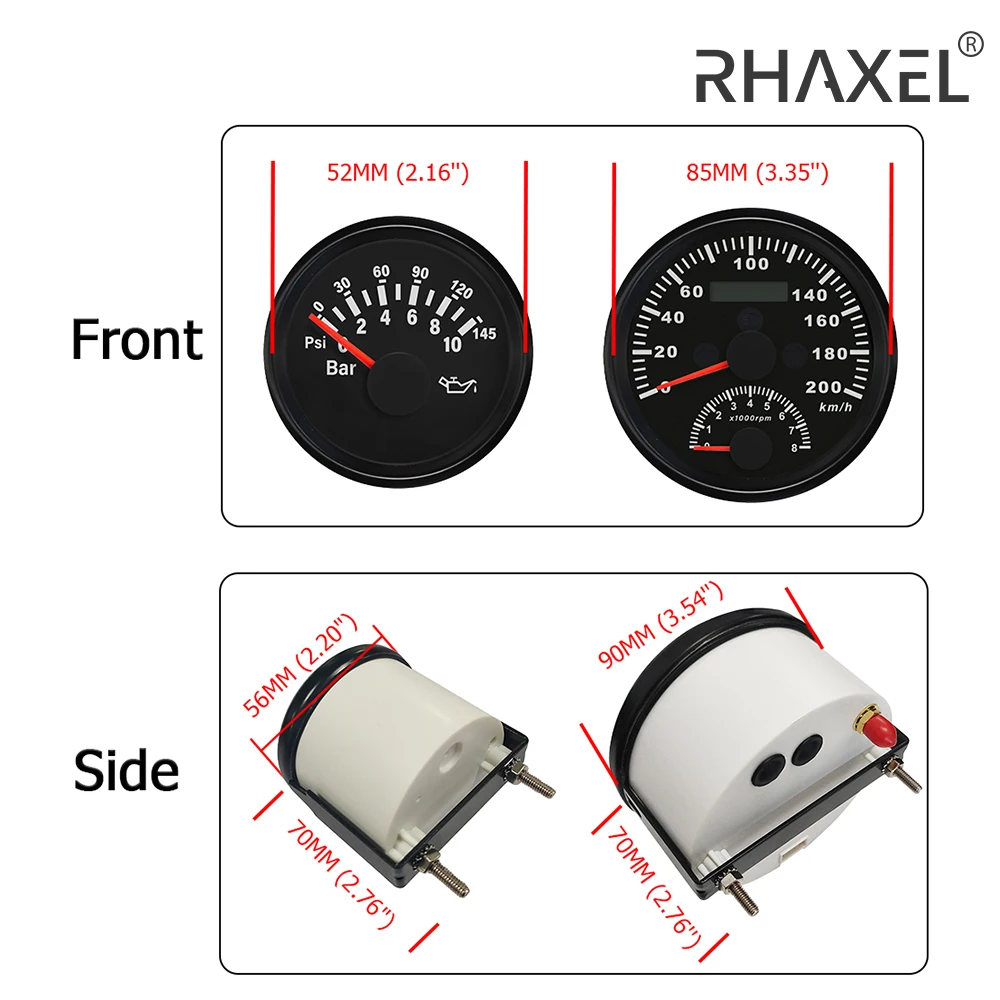 RHAXEL 2in1 GPS Speedometer 200km/h with Tachometer 8000RPM Fuel Level 0-190ohm 240-33ohm Water Temp. Oil Pressure 12V