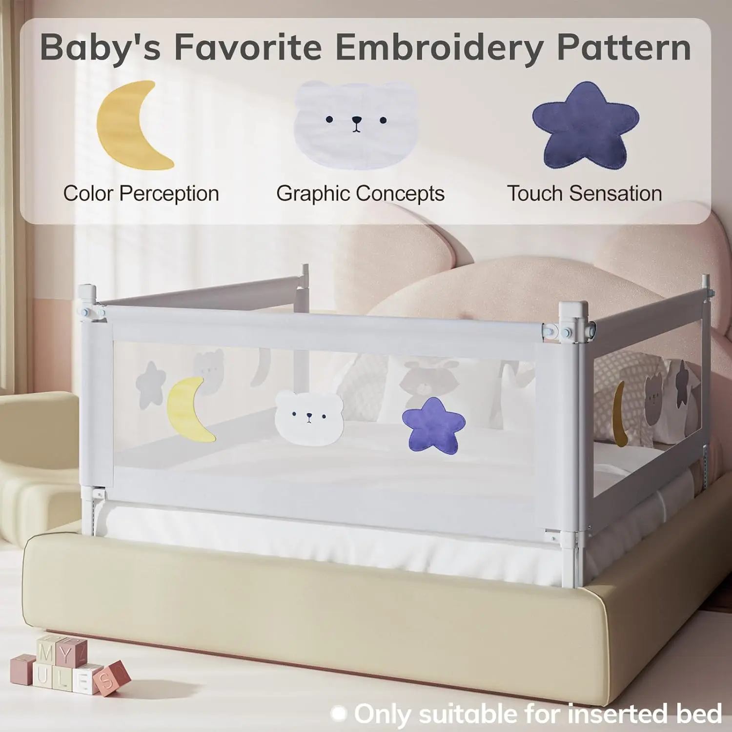 Riel de cama para niños pequeños, rieles de cama para niños pequeños con cerradura doble, Riel de cama para bebés con patrón, paquete de 3