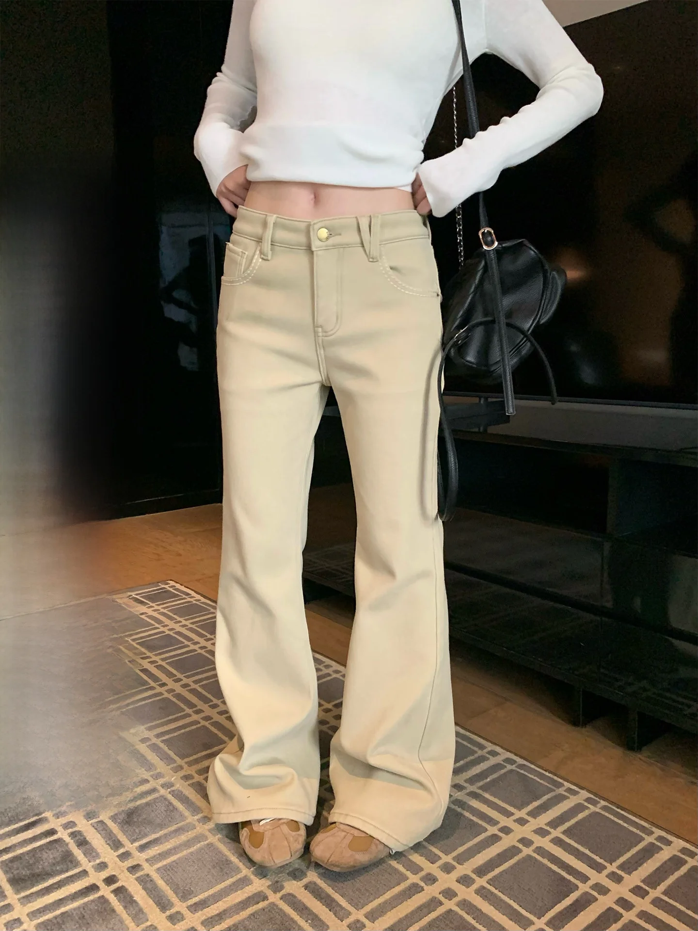 

Джинсы-клеш с высокой талией женские, цвет хаки, повседневные, зимние, из хлопка, нелинейные посадки, не подходят для ношения поверх леггинсов