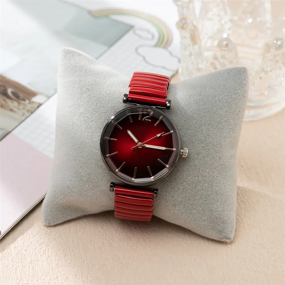 Women Fashion Gradient Colour Round Studded Quartz Watch Casual Stainless Steel Elastic Buckleless Strap Ladies Watches Clock