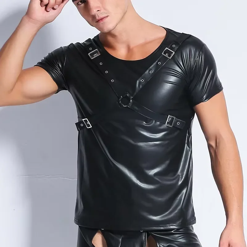 

Men's Slim Fit Black Leather T-Shirt round Neck Short Sleeve Rivet Bandage Undershirt Sexy Stage Performance Clubwear Top