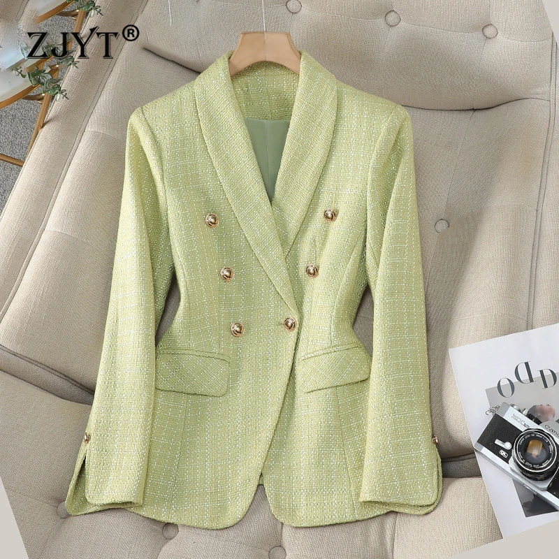 ZJYT Elegant Women\'s Tweed Jackets Autumn Winter Coats 2024 Korean Fashion Long Sleeve Double Breasted Blazers Mujer Outerwears