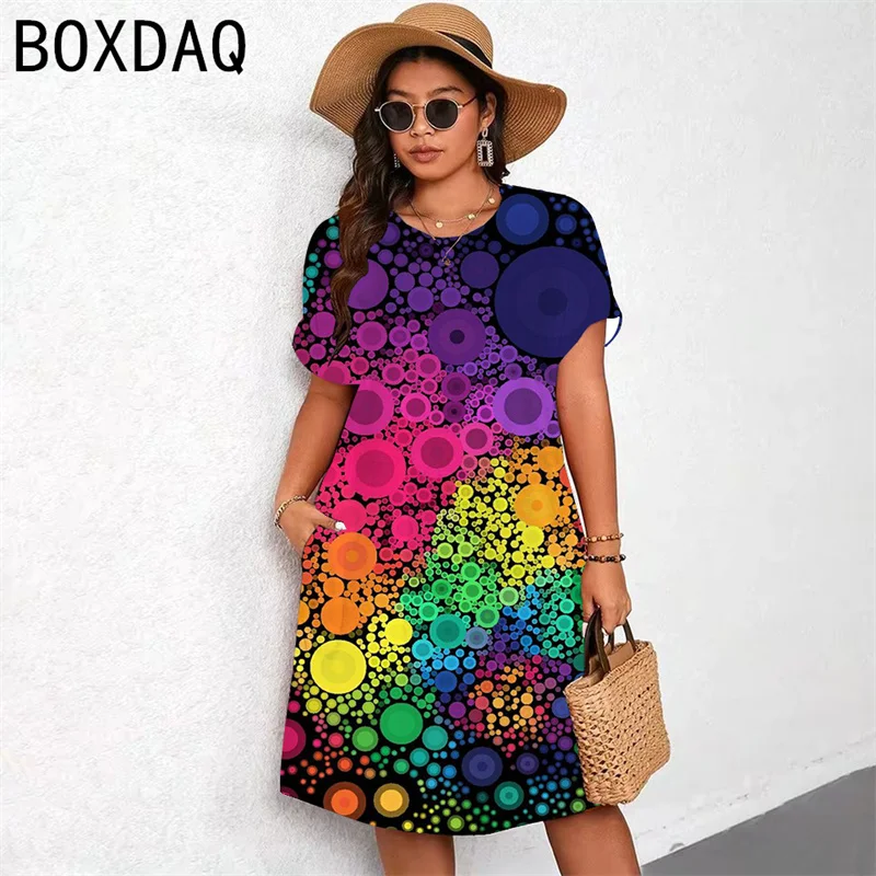 

Лидер продаж, новое модное женское платье 3XL, большой размер, летнее платье трапециевидной формы с круглым вырезом и коротким рукавом, повседневное платье с 3D красочным градиентным принтом