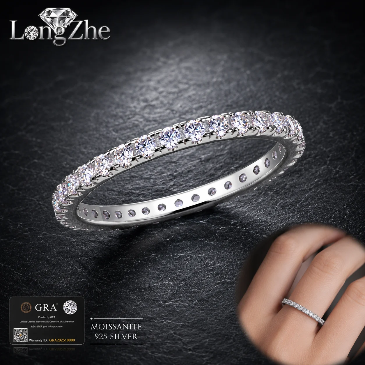 LongZhe S925 Silver Moissanite Eternity Ring 18 Stones D-E Color GRA Certified Diamond Tester Passed Fine Jewelry Gift