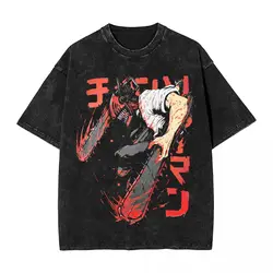 男性と女性のためのヴィンテージTシャツ,デンジウォッシュ,マンガアニメ,チェインソー,ストリートウェア,原宿,夏