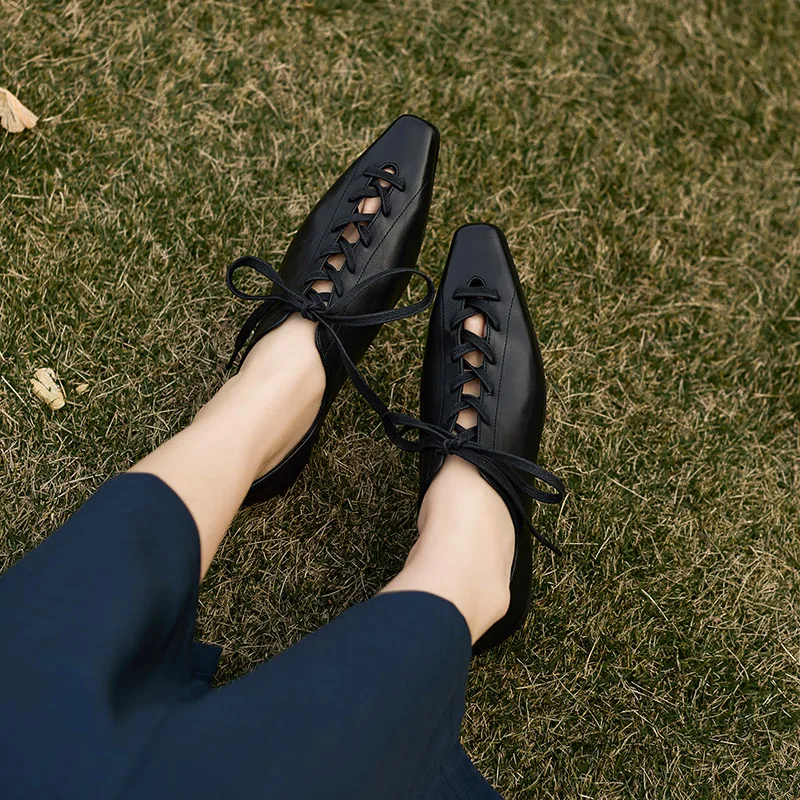 2025 Hot Sale Fashion Low Heel Lace Up Genuine Leather Pumps Women Daily Walk Flats Young Girls Casual Spring Autumn Black Shoes