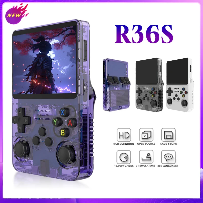 R36S Retro Handheld Video Game Console New Open Source Linux System 3.5Inch IPS Screen Portable Handheld Video 64GB 15000+Games