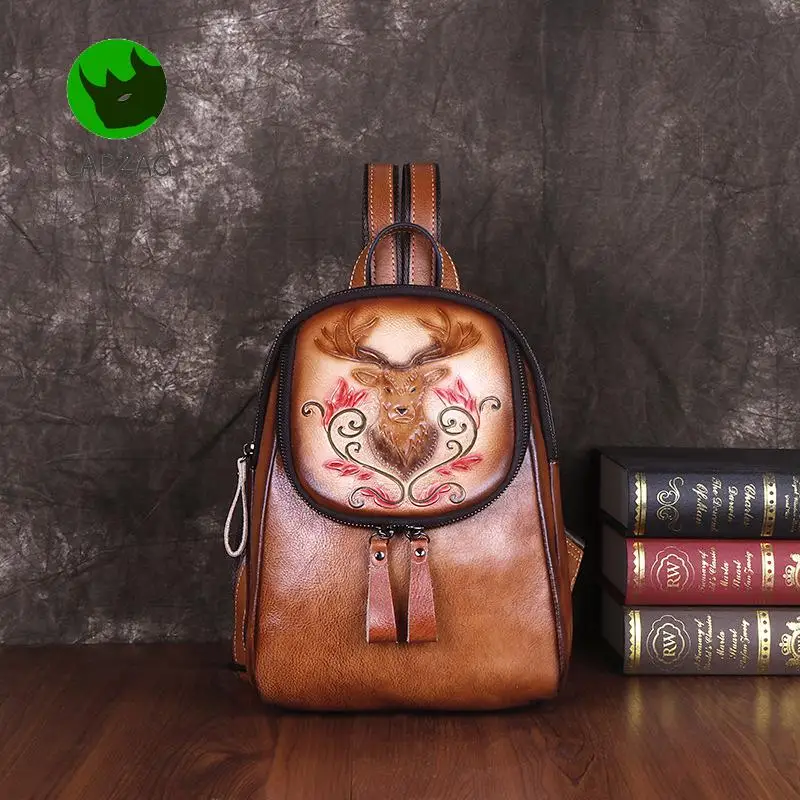 Women Retro Oil Wax Cowhide bag with personality antique embossed  cowhide bag fashionable backpack Female Daypack Rucksack