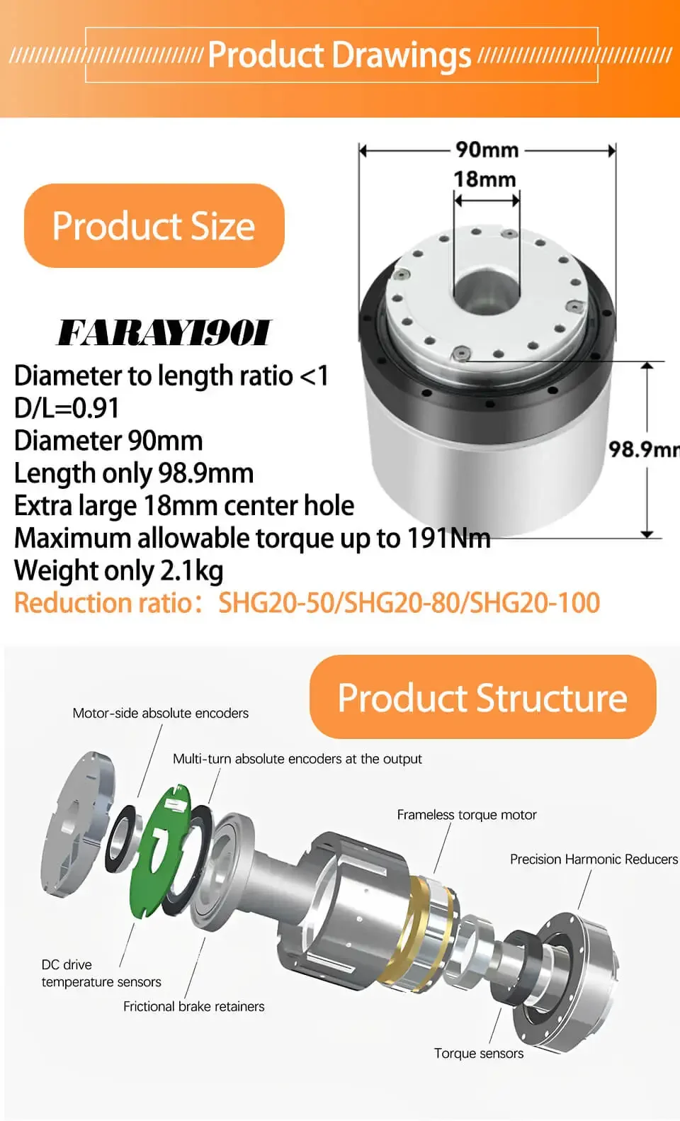 Faradyi Rotary Actuators Light Weight Small Szie Built-in Servo Driver With Brake Torque Sensor For Robotics CNC Machine