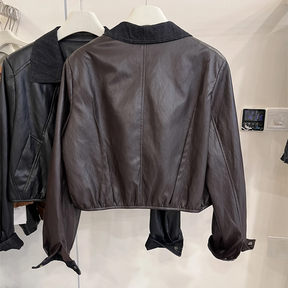 女性ショートレザージャケット新作春秋ターンダウンカラージッパースタイルヴィンテージ多用途カラーブロッキングソフトブラウンPUコート
