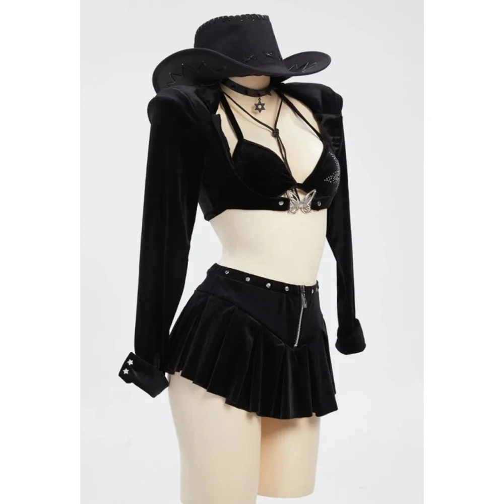 MEOWCOS Women Gothic CowWomen Style Suit Black Sexy Bra and Skirt with Crop Top and Hat Cosplay Costume