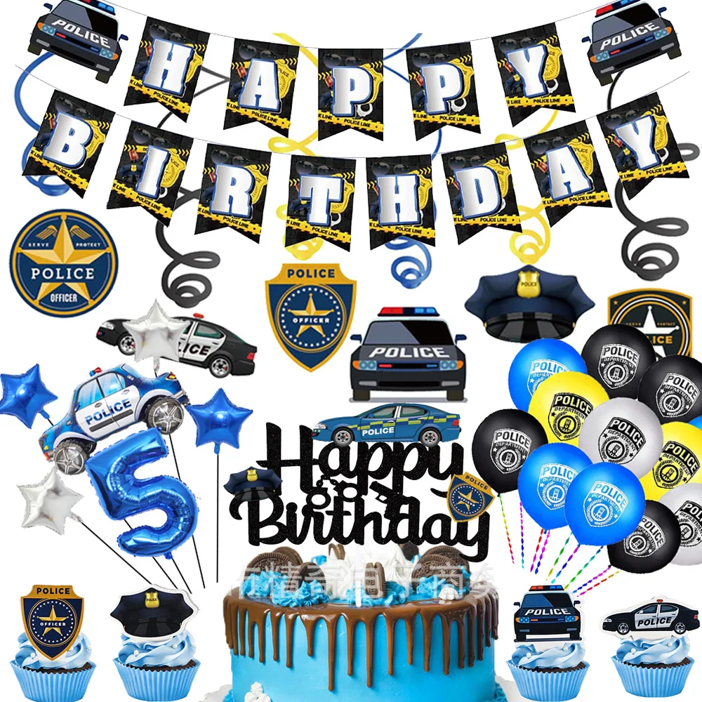 Police Party Supplies Decorations Banner Cake Topper Police Officer And Car Theme 5th Birthday Balloon Set Kids Party Supplies