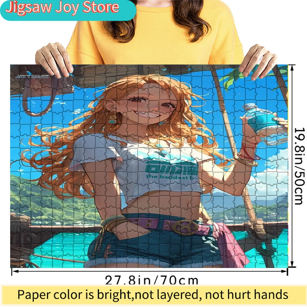 

One Piece Nami Long Curly Orange Hair White Crop Top Denim Shorts Blue Water Bottle Ship Deck Background Art Paper Jigsaw Puzzle