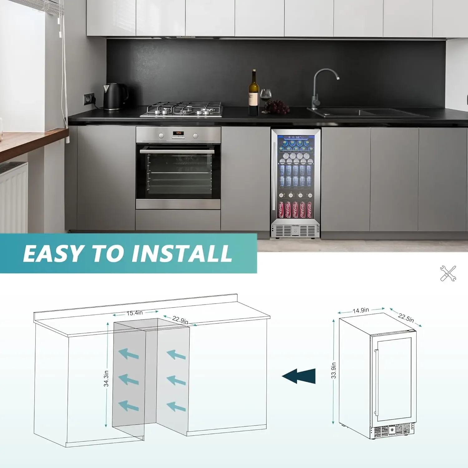 15 "ตู้เย็นเครื่องดื่มคูลเลอร์ใต้เคาน์เตอร์ 125 กระป๋องตู้เย็นเครื่องดื่มในตัวพร้อมประตูกระจก, ไฟ LED, ตู้เย็นเบียร์