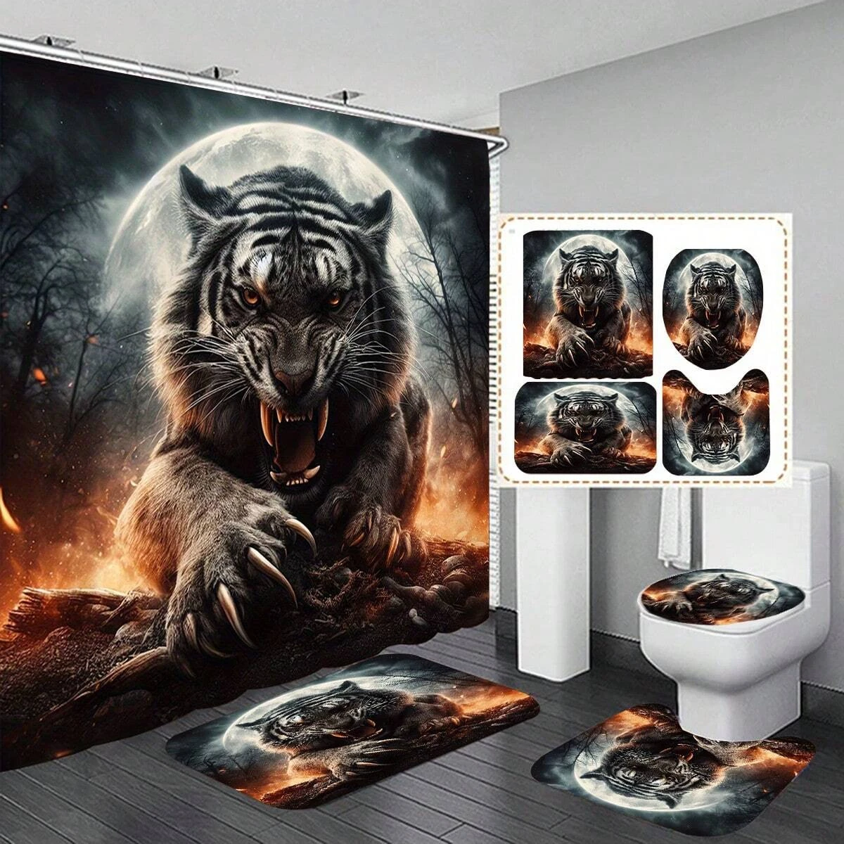 

4PCcs White Tiger Pattern Shower Curtain, Curtain With Hooks, Slip-Resistant Bath Mat, Bathroom Set, Festival Gift