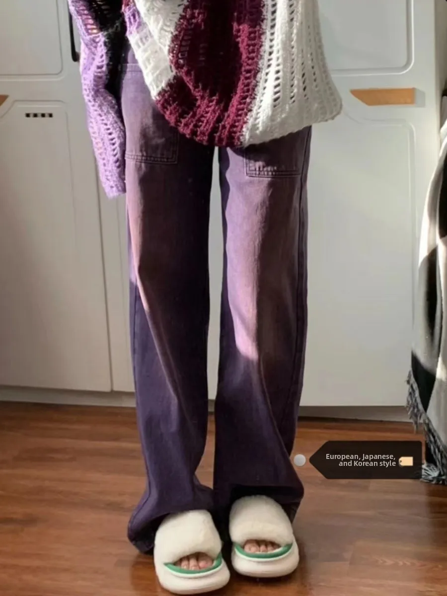 

High Waist Wide Leg Straight Leg Denim Jeans Women's plus Size Lavender Washed Summer Vintage Loose Fit Floor Length Pants
