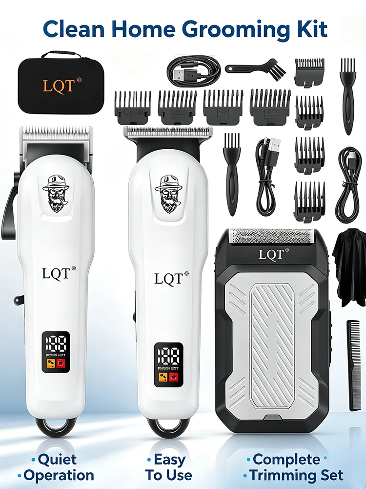 LQT Professional Barber Kit Electric Hair Clipper Beard Shaver Detail Trimmer Cordless Rechargeable Titanium Blades for Home