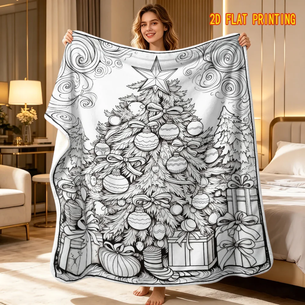 1pc 2D Flat Coloring Style Christmas Blanket, Black White Line Art Xmas Tree with Baubles, Bows, Gifts & Stockings, Swirl Border