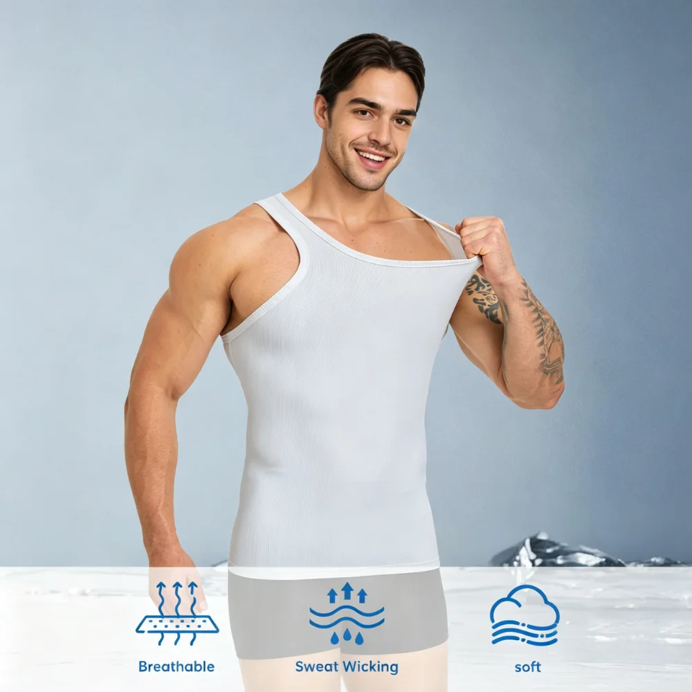 Men's Ribbed Scoop Neck Sleeveless Tank Top, Slim Fit Knit Gym Workout Undershirt, Summer Casual Muscle Tank Shirt White