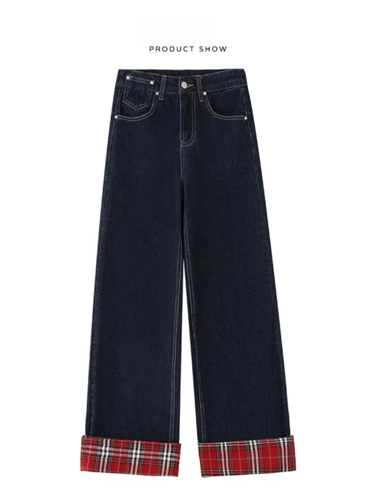 

American Red Plaid Splice Couple Jeans Men's Autumn High Street Trendy Vintage Loose Cuffed Straight Leg Long Pants
