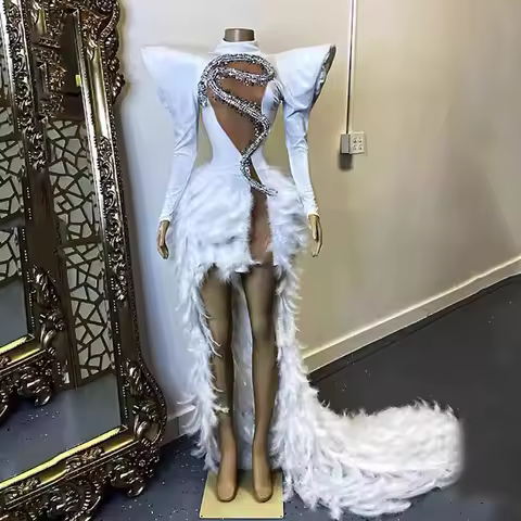 Boutique supplier water diamond feather dress evening stage dress front court evening dress