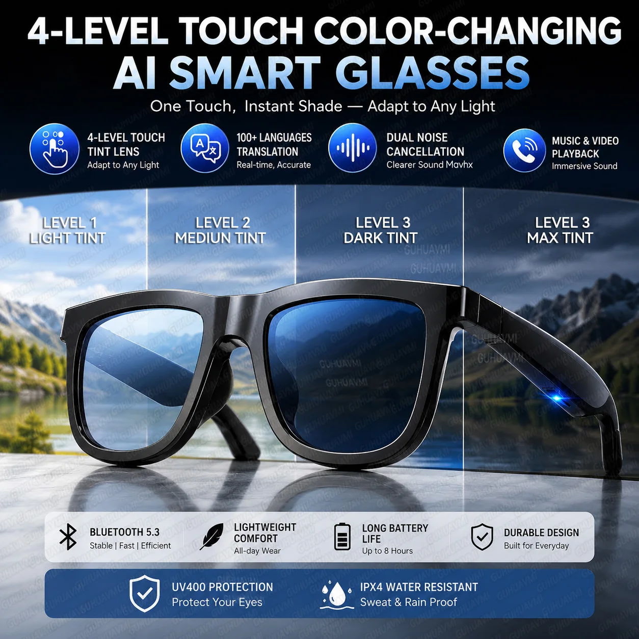 2026 Elite Smart Audio Glasses AI Translation Bluetooth ENC Dual Mic Touch Color-changing Lens IP65 Waterproof TR90 Lightweight
