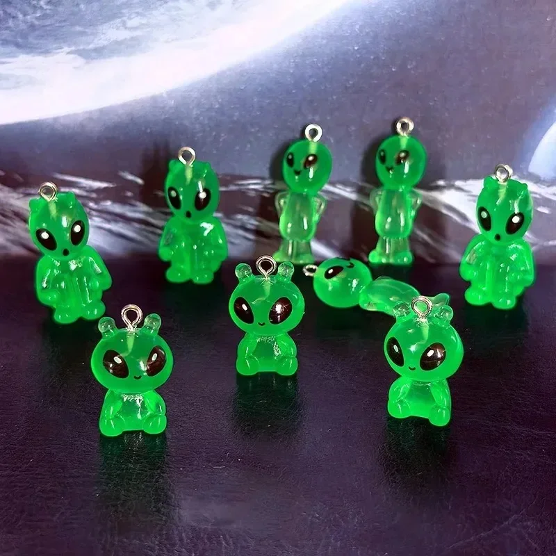 6Pcs Kawaii Funny Alien Resin Pendant Charms Luminous Design DIY Accessories for Necklace Earring Phone Chain & Keyring