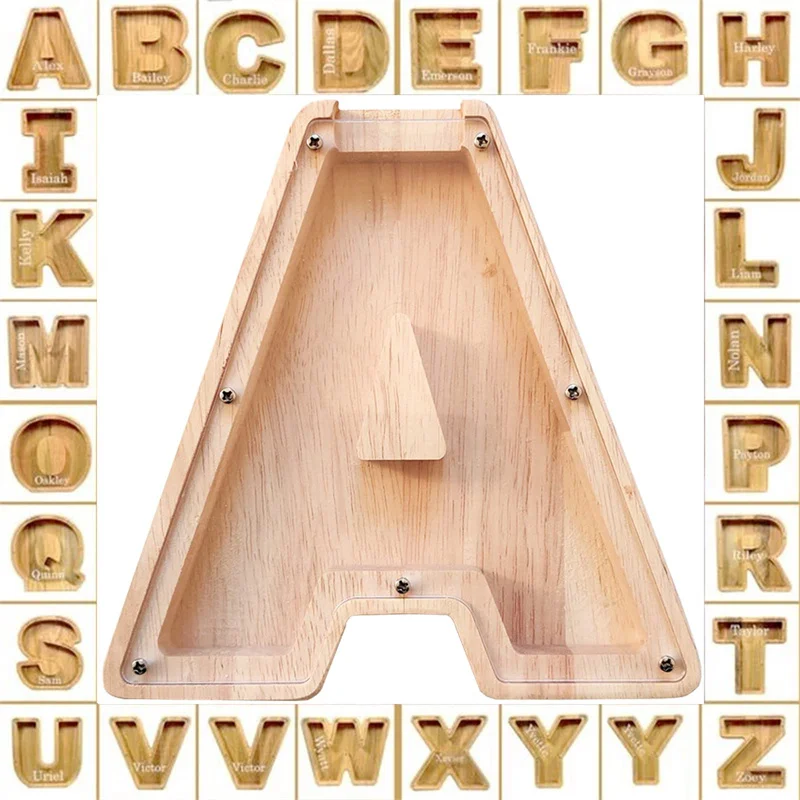 18cm Twenty-six Letter Piggy Bank Wooden Coin Money Saving Box Jar Coins Storage Box Desktop Ornament Home Decor Craft Xmas Gift