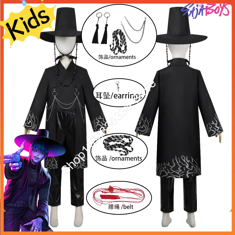 

Детский карнавальный костюм Saja для мальчиков на Хэллоуин с принтом K-Pop, охотники на демонов, комплект кимоно для косплея, праздничная одежда, шляпа для взрослых мальчиков