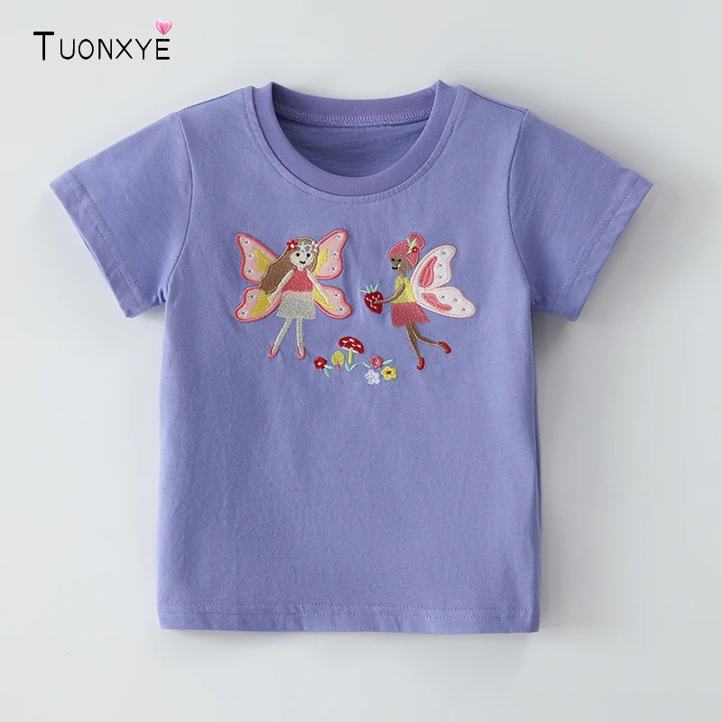 

TUONXYE Girls Summer Cotton T Shirt Short Sleeve Crew Neck Cute Fairy Mushroom Embroidery Purple Kids Casual Tees