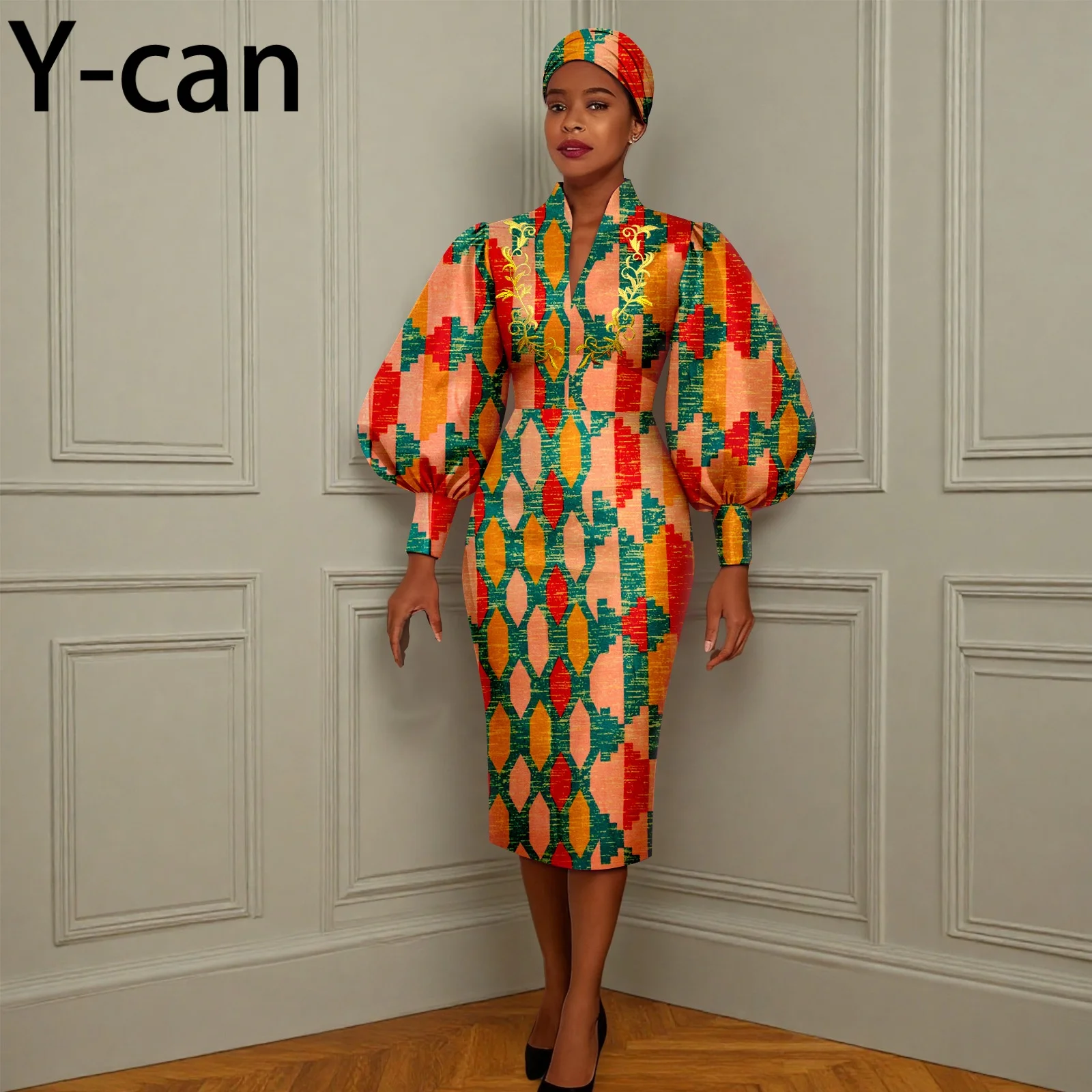 

African Party Dress Long Puff Sleeve V-neck Slim Fit Dress Match Headscarf Dashiki Ankara Cotton Wax African Fashion 2525178