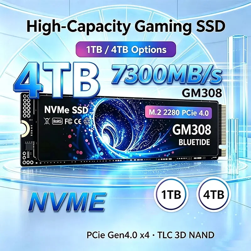 Novo SSD Interno GM308 M.2 NVMe PCIe4.0 500GB 1TB 2TB 4TB TLC para Armazenamento de Jogos para Console PS5, Desktop, Laptop e PC