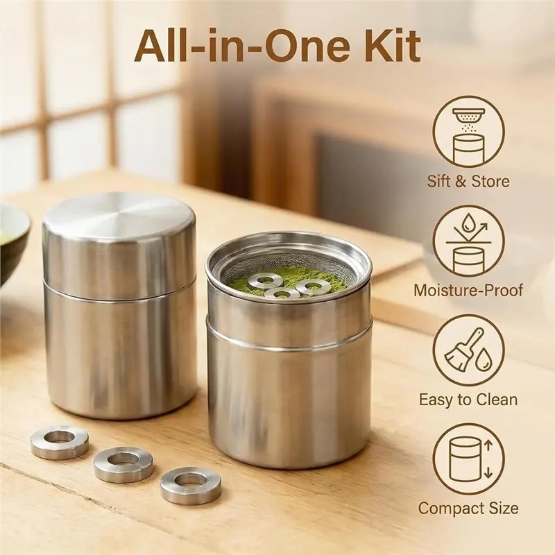 1-Pack Matcha Powder Sifter And Storage Tin Set For Matcha Latte-A27R