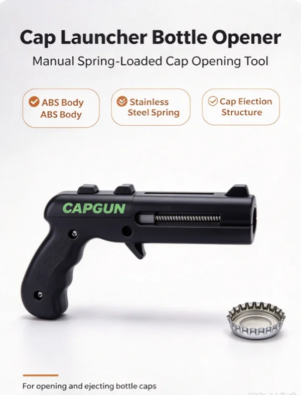 Black Cap Launcher Bottle Opener, Manual Spring-Loaded Cap Opening Tool with ABS Body and Stainless Steel Spring